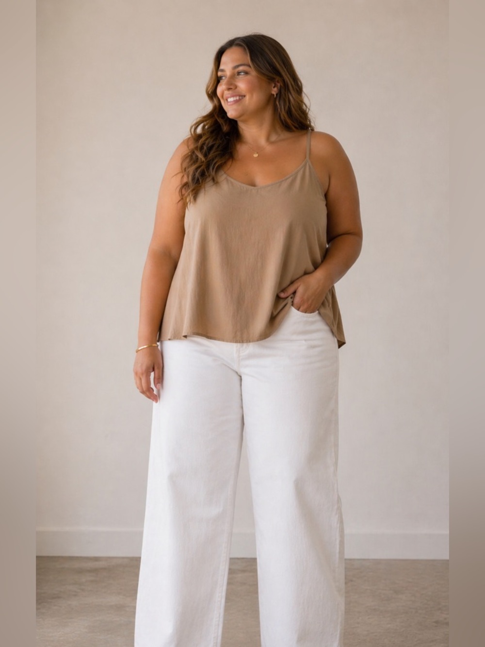 Neutral Linen Blend Cami XL Beige Tank Top Minimalist Summer